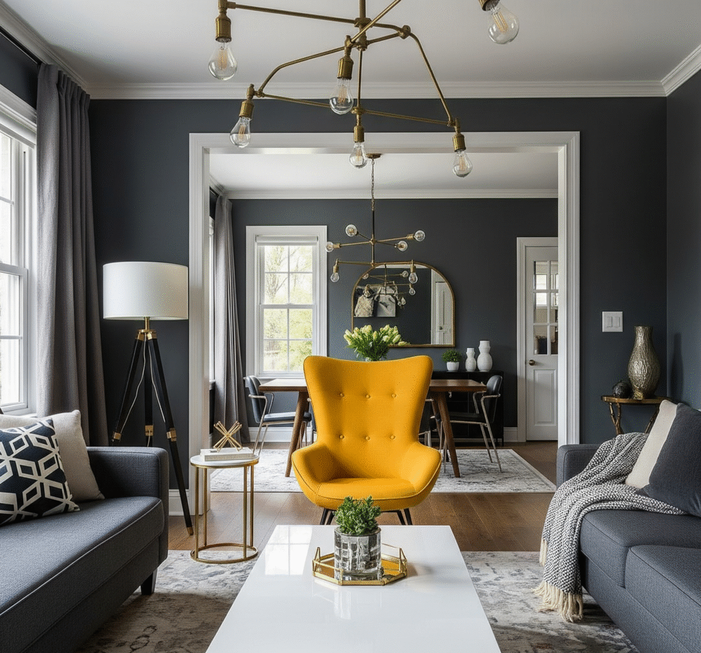 Bold living room in charcoal grey paint with a mustard yellow accent chair - Space Ideas World living room decor