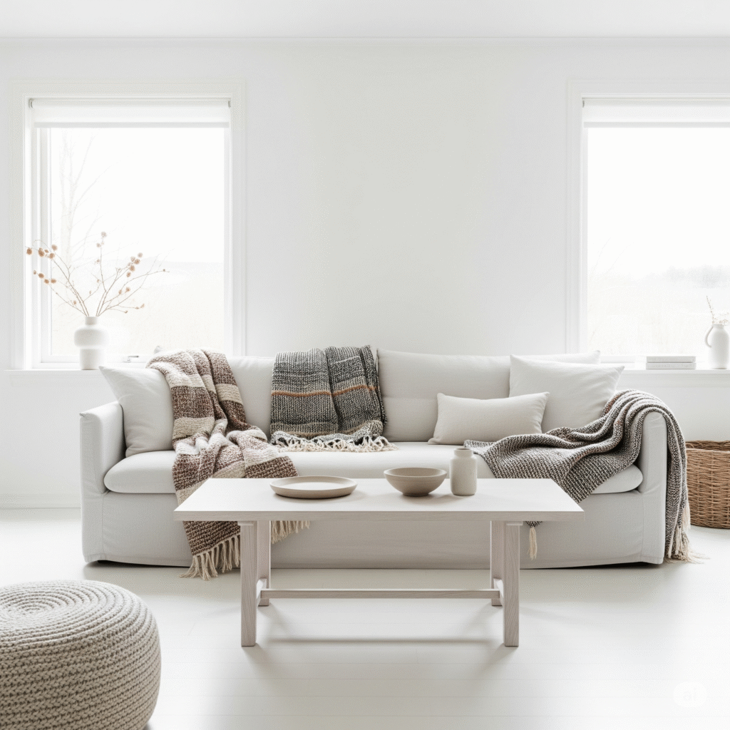 Clean minimalist living room in pure white - Space Ideas World living room decor
