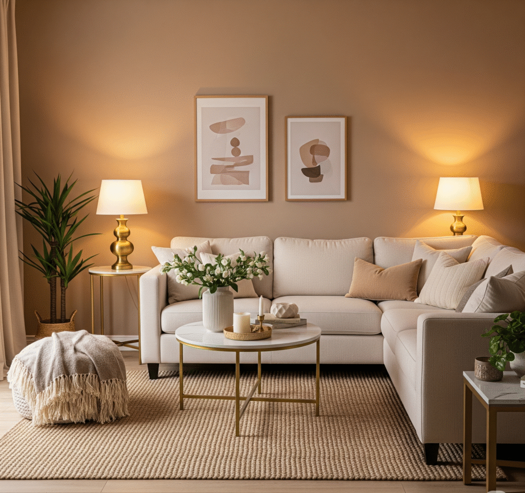 Cozy living room painted in mocha mousse color - Space Ideas World living room decor ideas