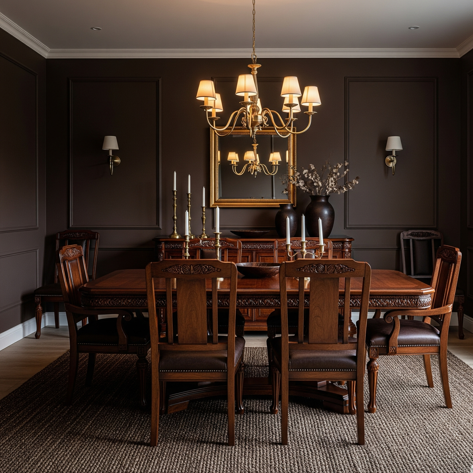 Dark brown paint colors in elegant dining room with rich mahogany tones. make image - Space Ideas World brown color