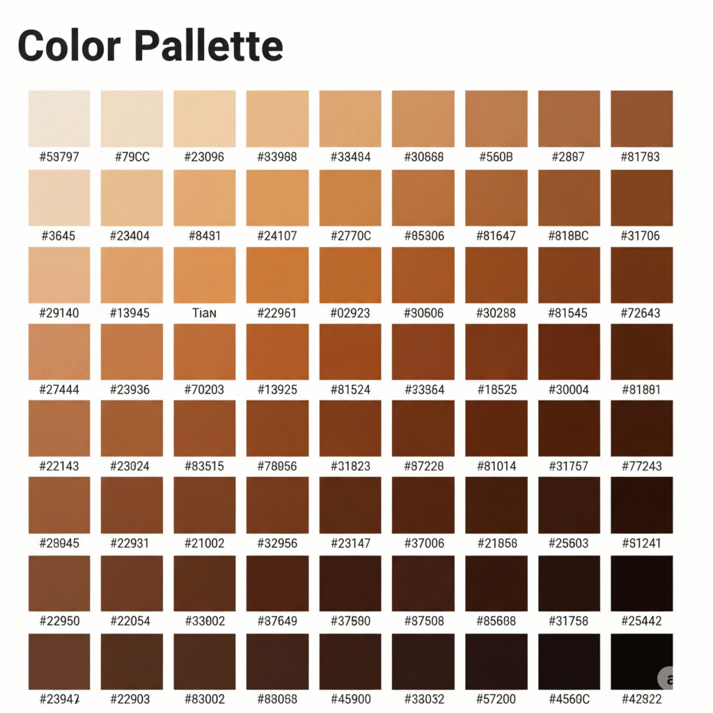 Digital color palette showing various brown color codes and hex values - Space Ideas World brown color