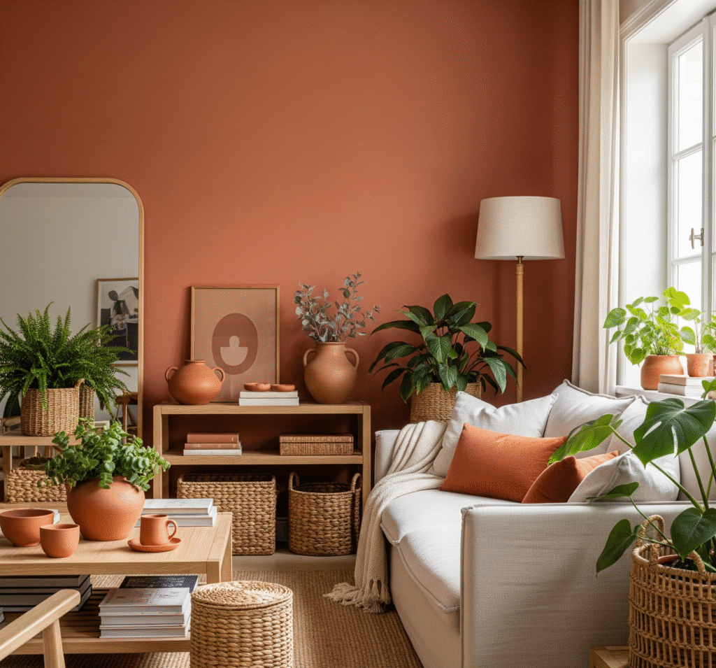 Earthy living room featuring terracotta accent wall - Space Ideas World living area decor ideas