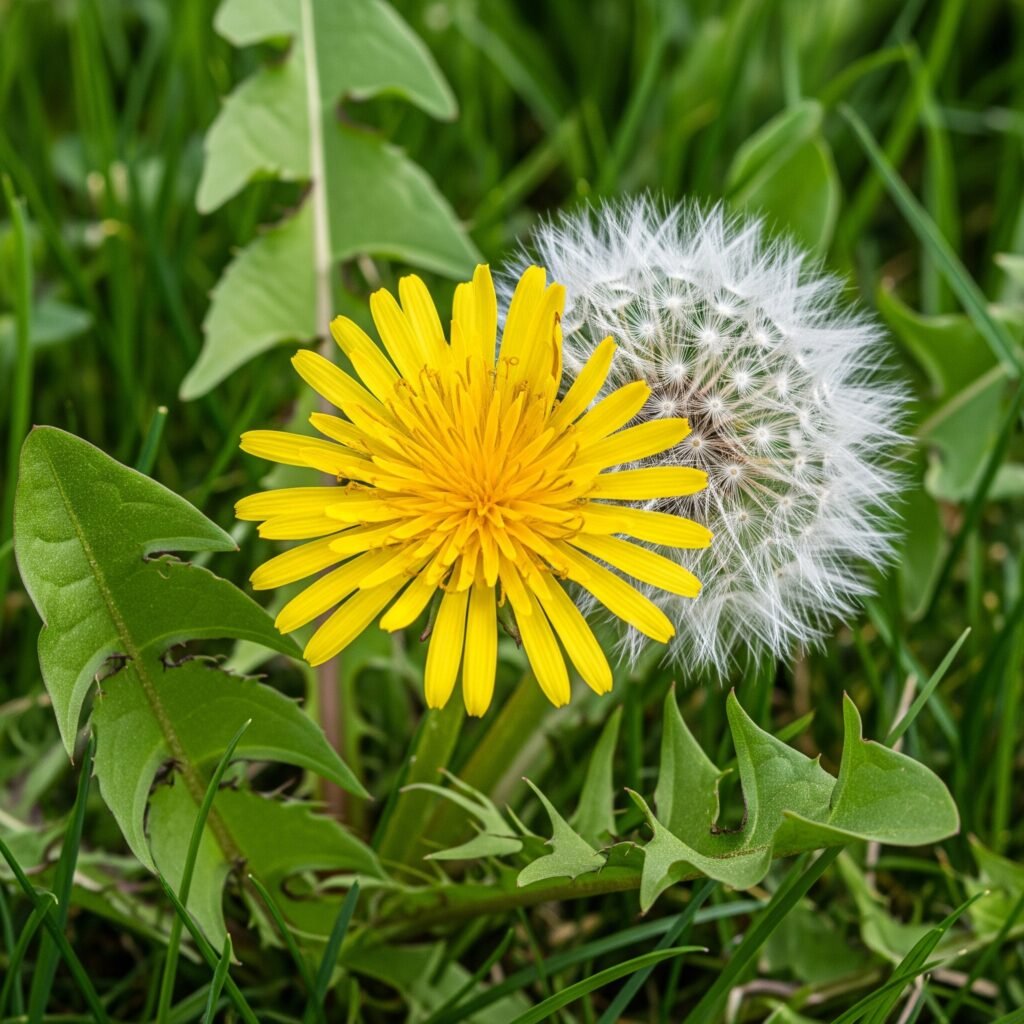 A dandelion lawn weed, with its characteristic yellow flower, jagged leaves, and white seed head used for identification - Space Ideas World Types of Lawn Weeds