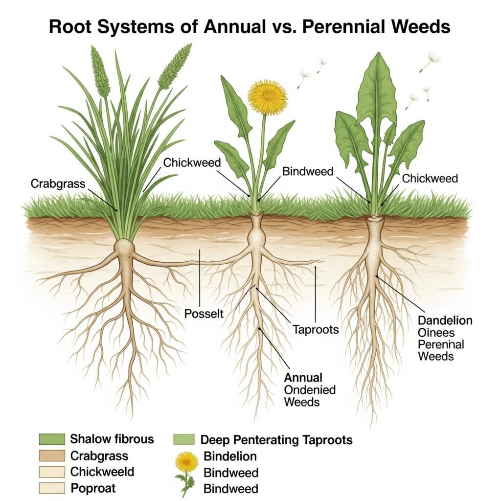 Diagram illustrating shallow roots of annual weeds, versus deep tap root systems of perennial weeds to identify lawn weed - Space Ideas World Types of Lawn Weeds