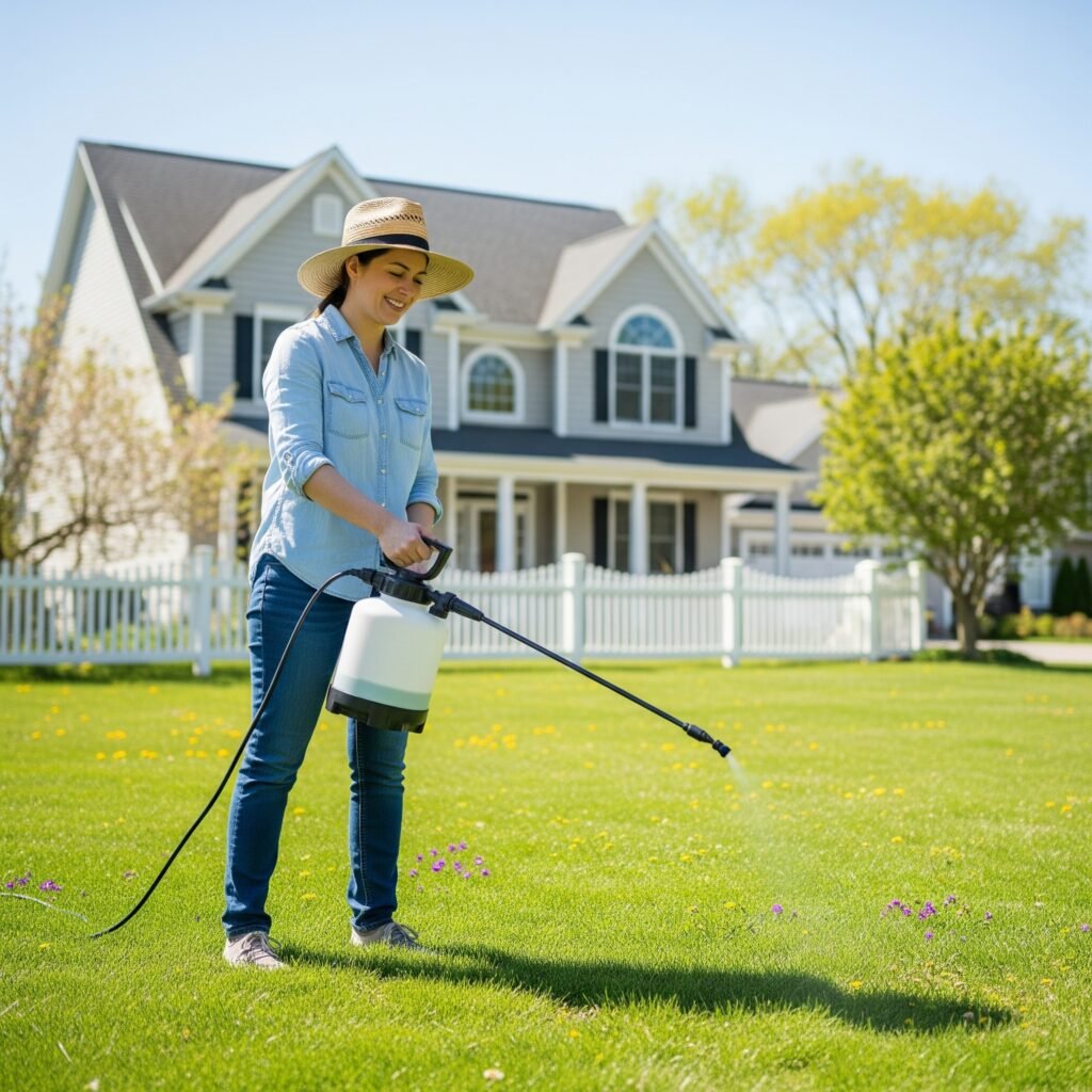 Homeowner applying spring pre-emergent herbicide - Space Ideas World Types of Lawn Weeds