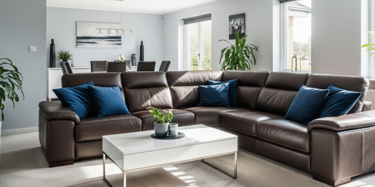 Modern Living Room with Brown Leather Sectional - Space Ideas World living room colors for brown couch