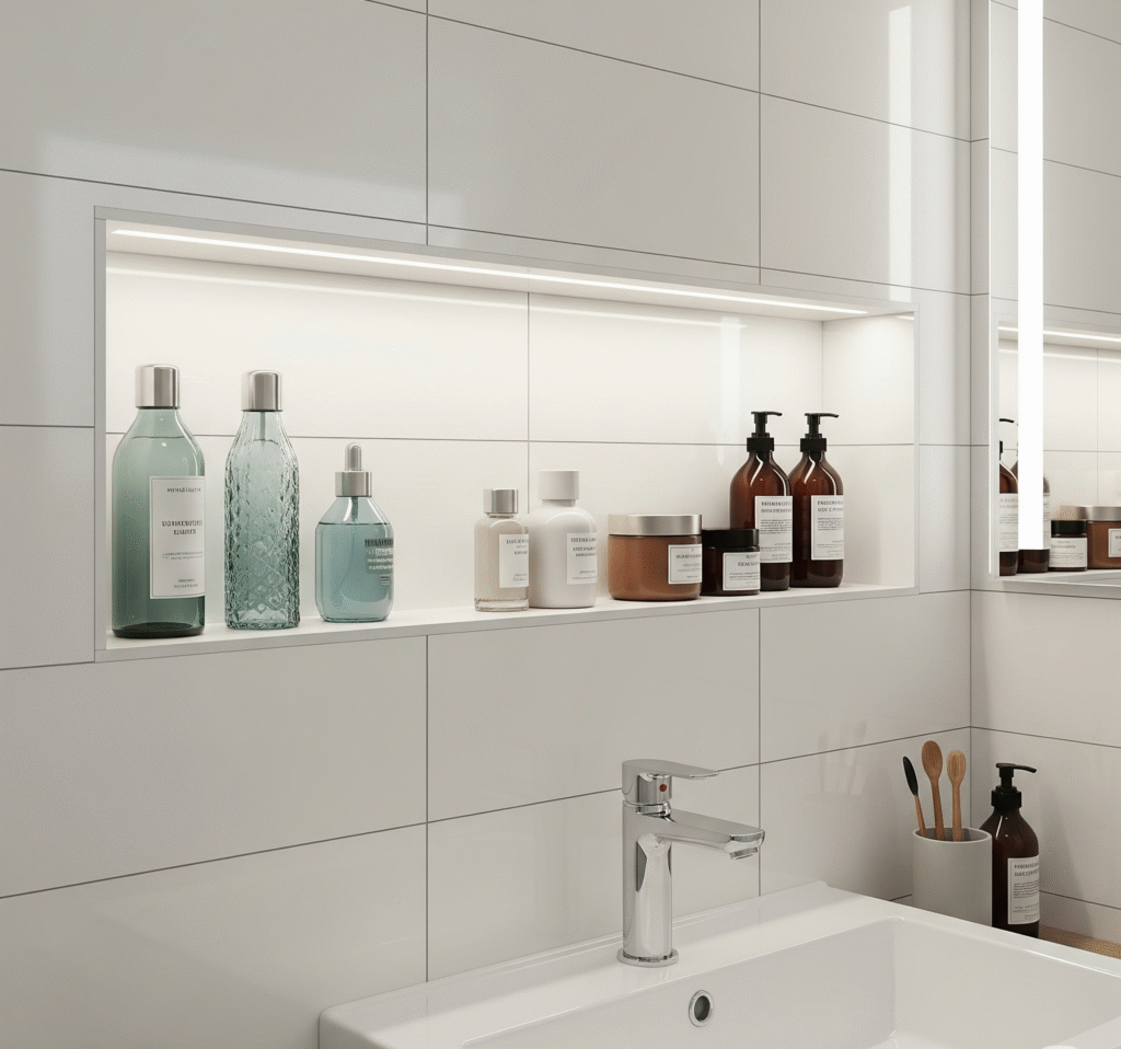 Image 10: Built-in rectangular wall niche with white tile - Space Ideas World small bathroom remodel