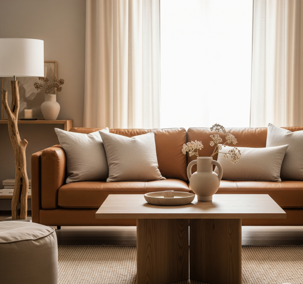 A sophisticated living room featuring a leather sofa - Space Ideas World living room decor ideas