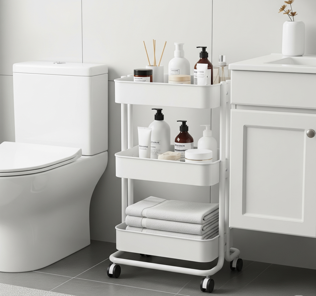 Sleek white rolling storage cart - Space Ideas World small bathroom remodel