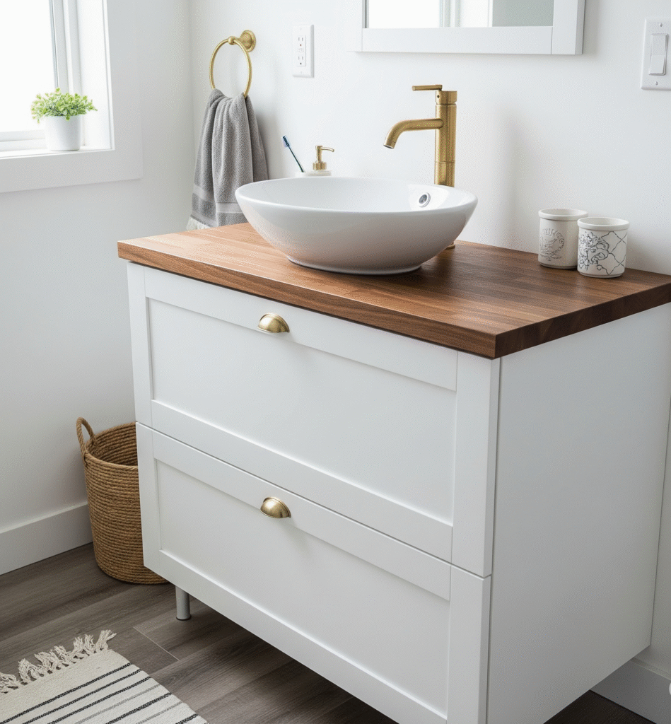 IKEA kitchen cabinet converted to bathroom vanity - Space Ideas World small bathroom remodel