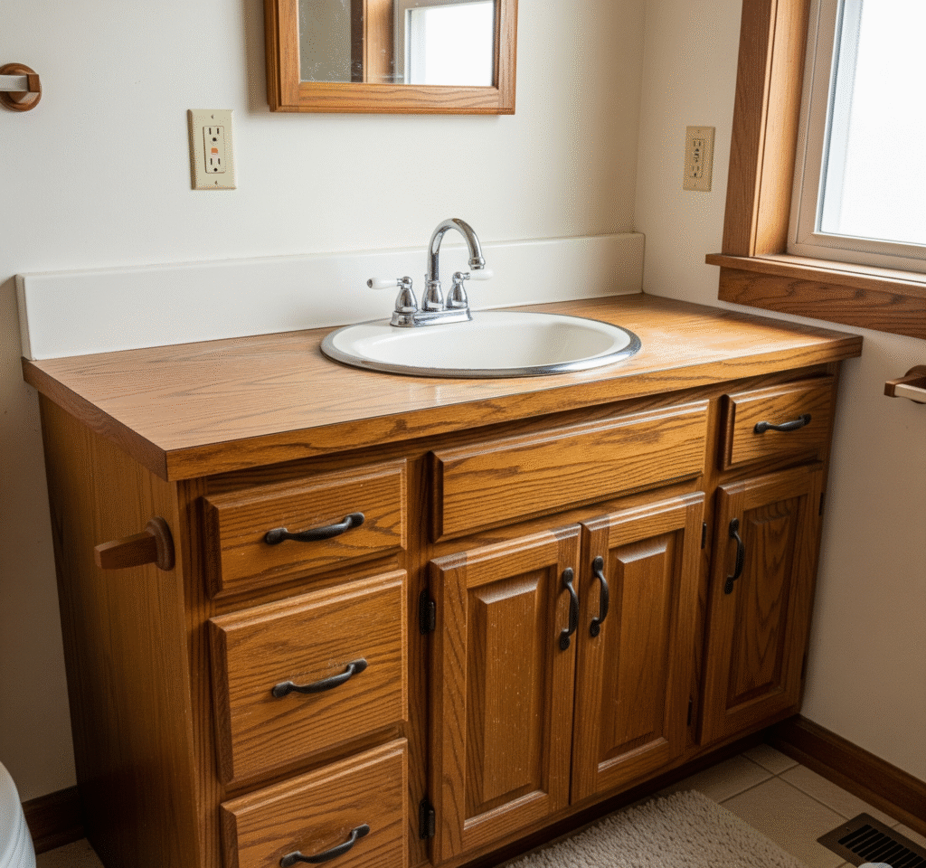 Image 14: Before and after showing outdated oak vanity - Space Ideas World small bathroom remodel