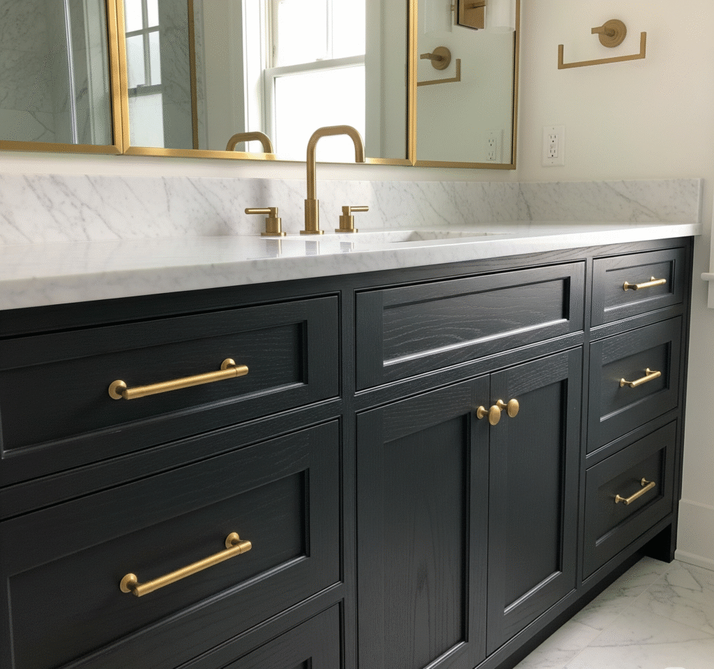Image 14: after showing outdated oak vanity - Space Ideas World small bathroom remodel