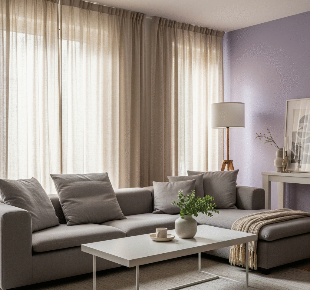 A serene living area featuring a gray sectional sofa - Space Ideas World living room decor ideas