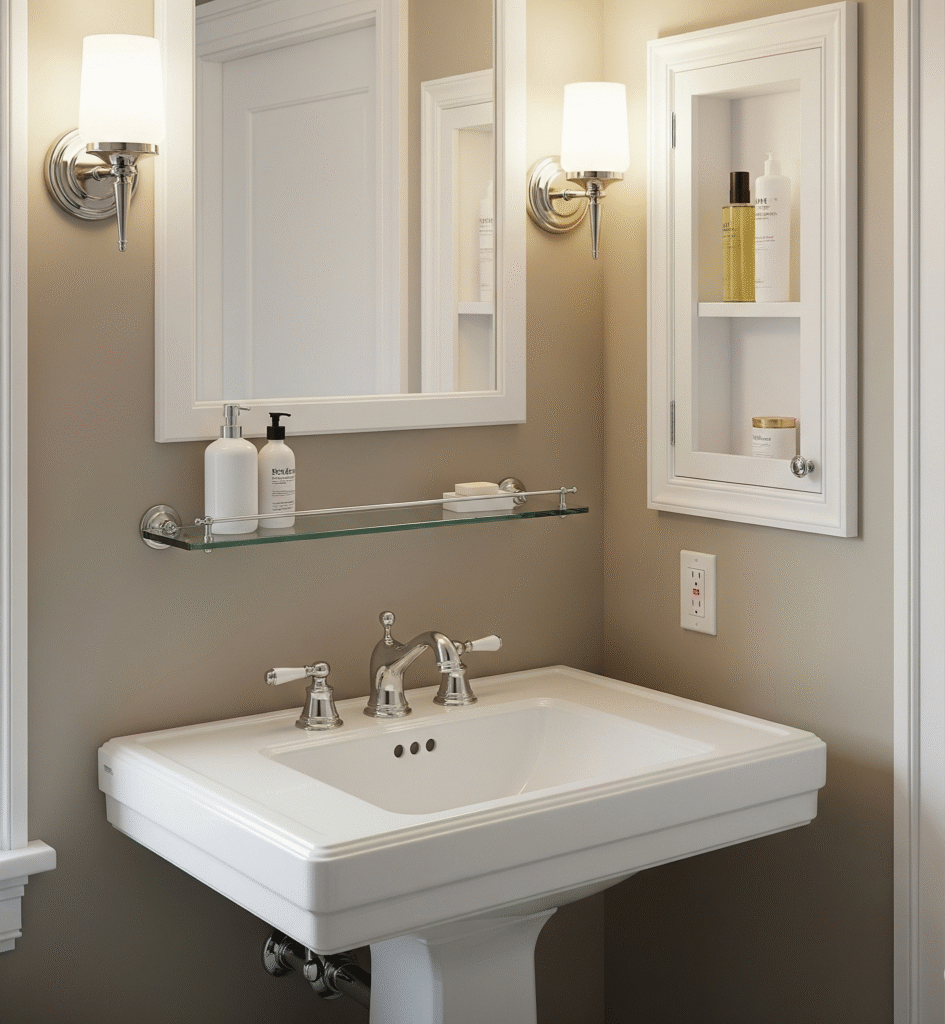 Classic white pedestal sink with clear glass - Space Ideas World small bathroom remodel