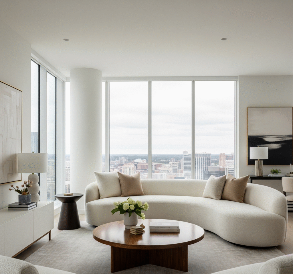 Contemporary living room featuring floor-to-ceiling windows - Space Ideas World living room decor ideas