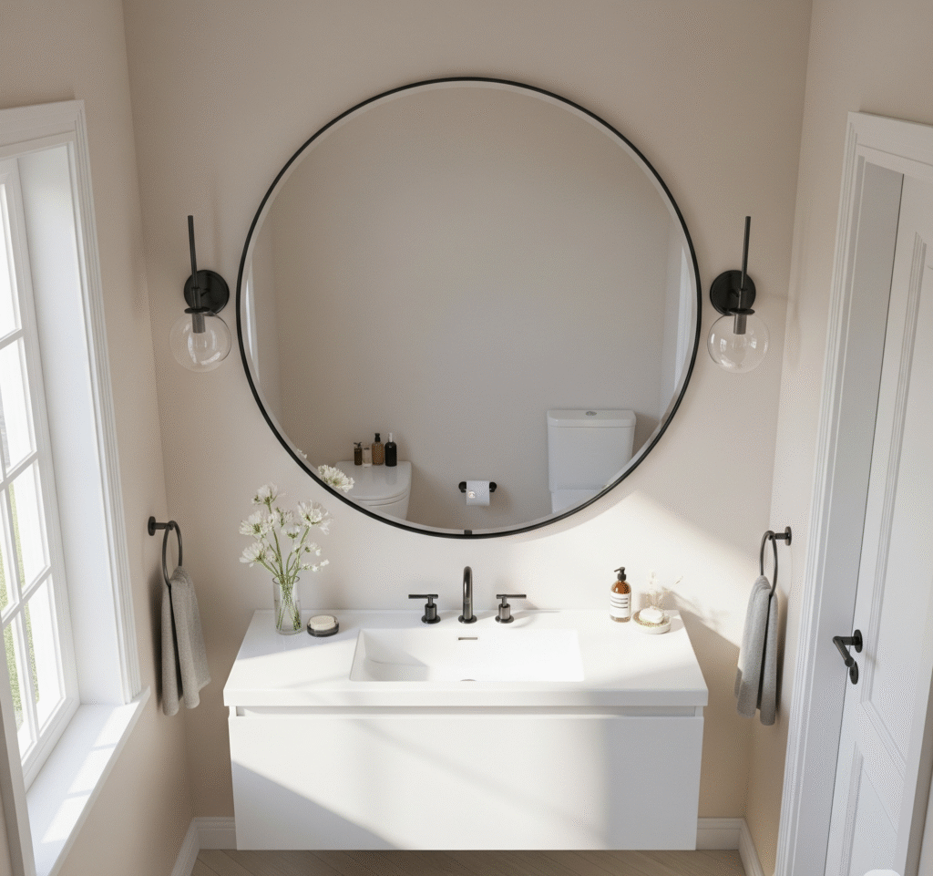 Large round mirror with thin black frame mounted above floating vanity - Space Ideas World small bathroom remodel