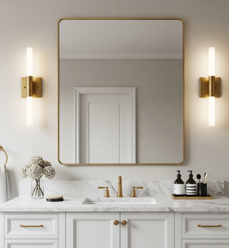 Pair of modern brass sconces flanking bathroom - Space Ideas World small bathroom remodel