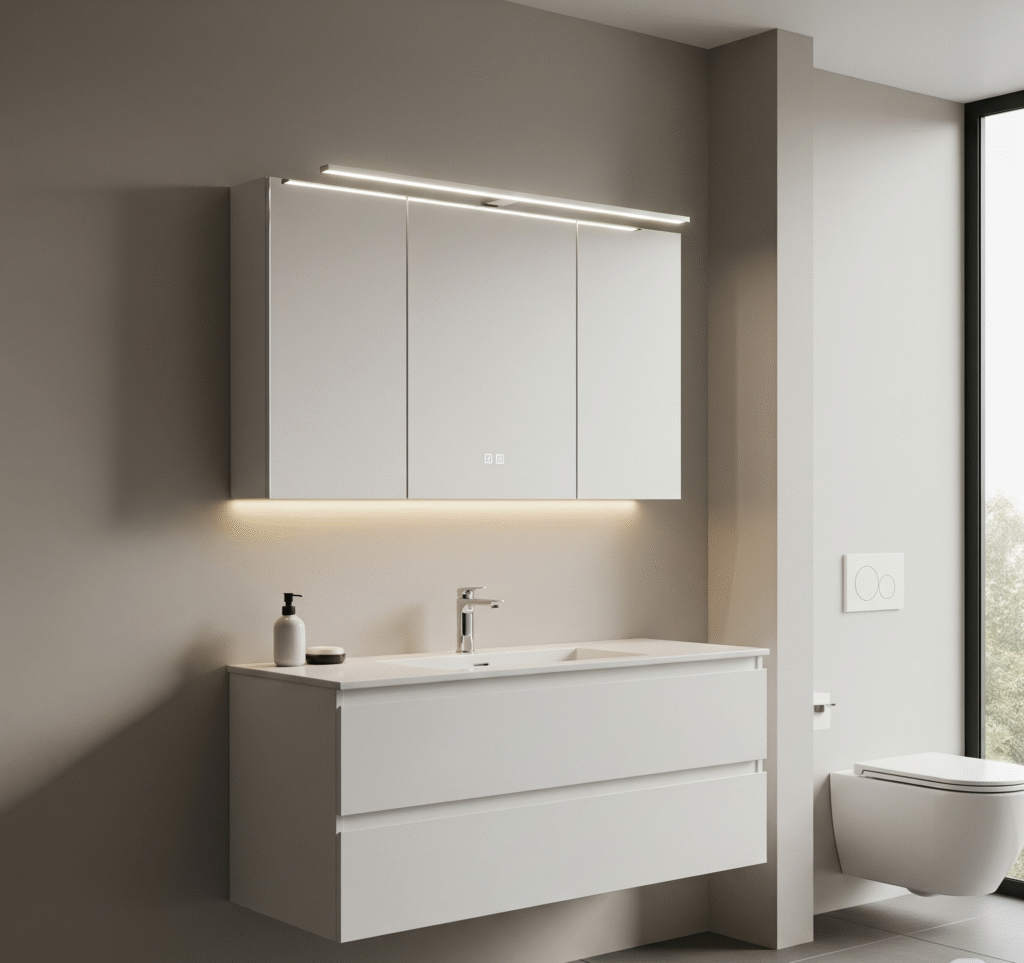 Sleek recessed medicine cabinet with LED lighting - Space Ideas World small bathroom remodel