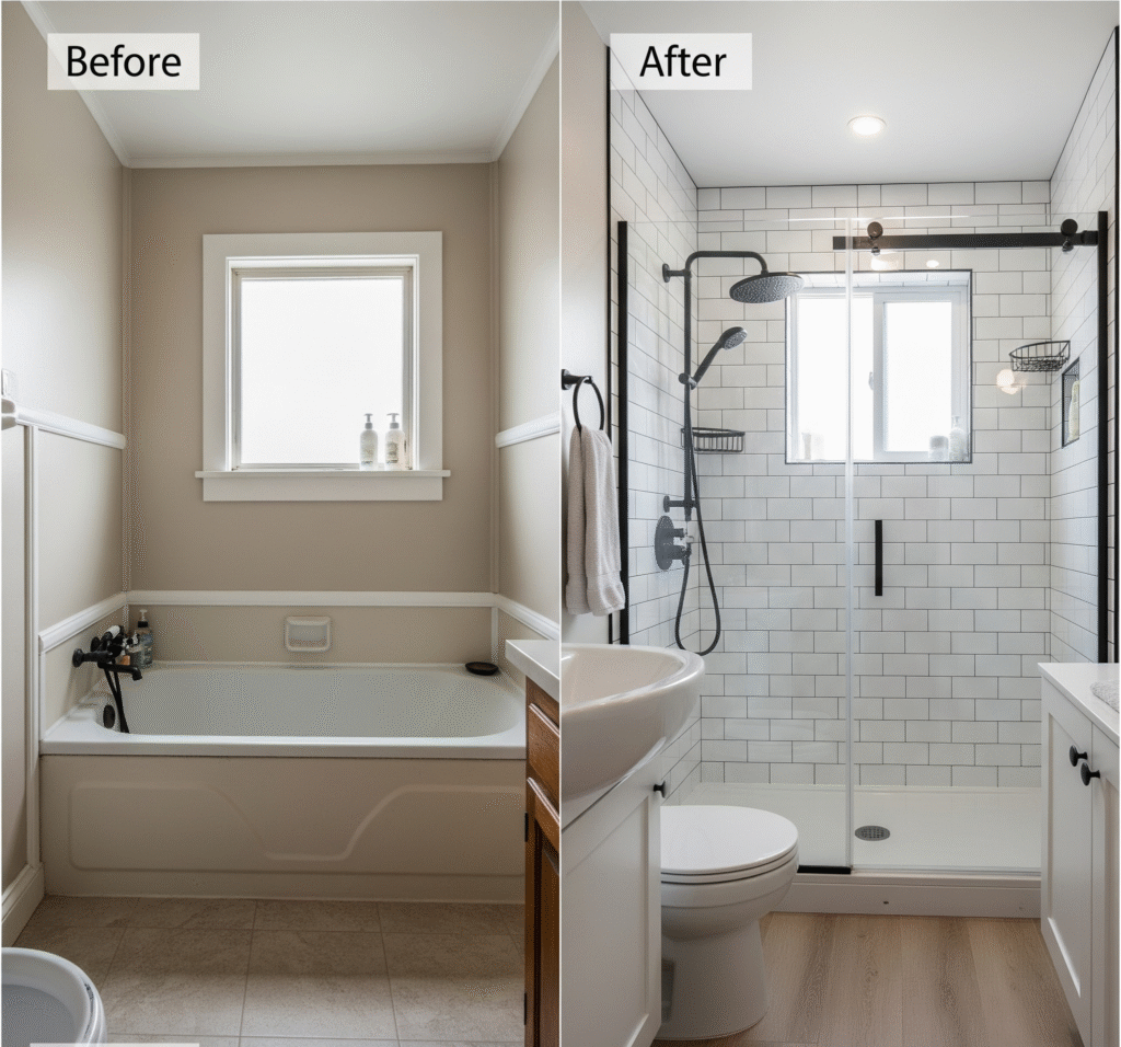 Side-by-side comparison showing a cramped 5x8 bathroom - Space Ideas World small bathroom remodel