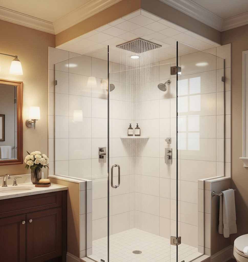Large square rainfall showerhead mounted on ceiling - Space Ideas World small bathroom remodel