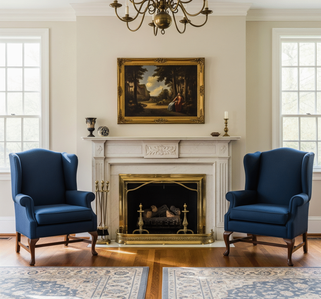 Traditional living room with pair of navy wingback chairs - Space Ideas World living room decor ideas