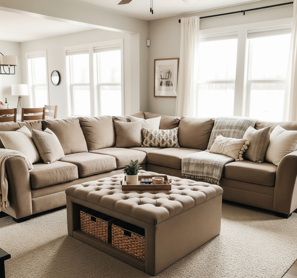 Family living room with large tufted ottoman - Space Ideas World living room decor ideas