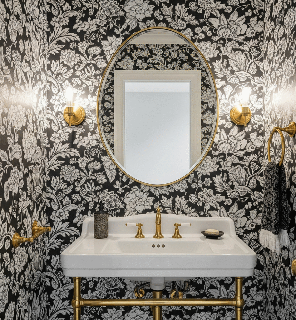 Dramatic black and white oversized floral wallpaper - Space Ideas World small bathroom remodel