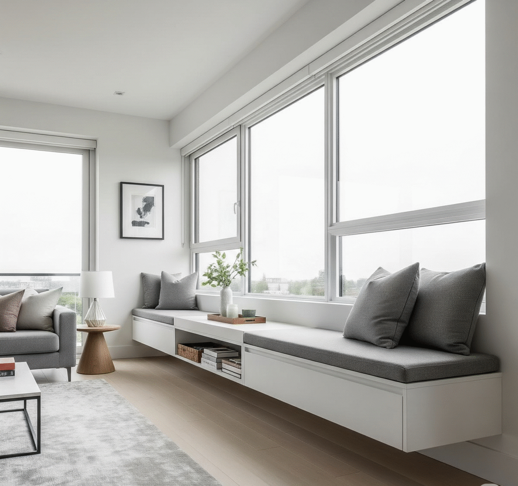 Modern living room with sleek floating bench - Space Ideas World living room decor ideas