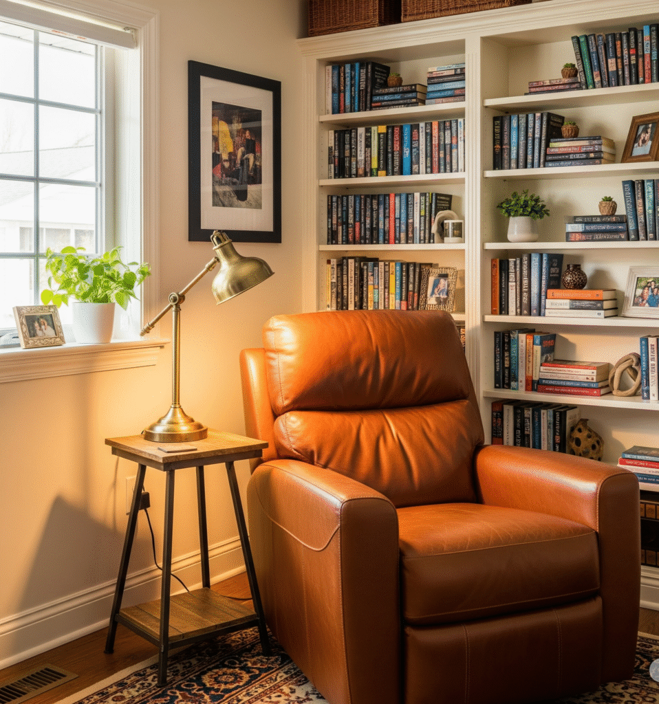 Cozy reading corner with brown leather reclining chair - Space Ideas World living room decor ideas