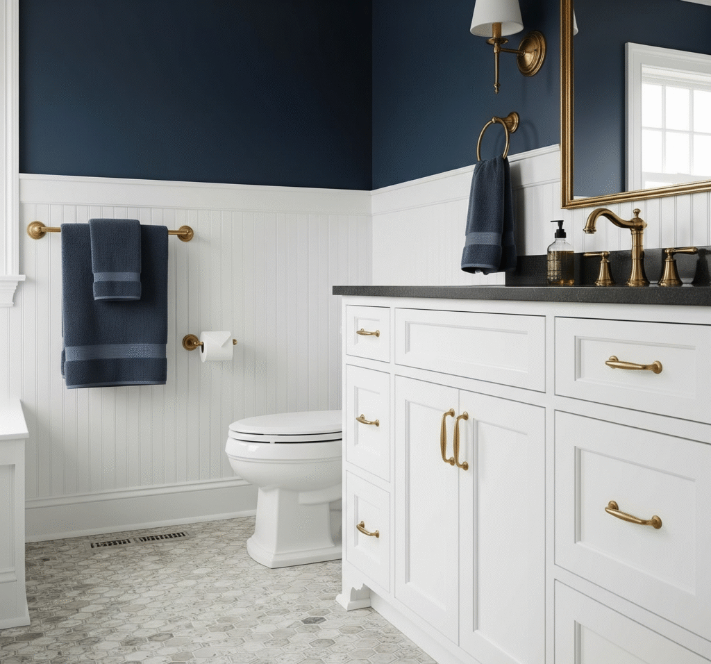 White beadboard wainscoting covering lower bathroom walls - Space Ideas World small bathroom remodel
