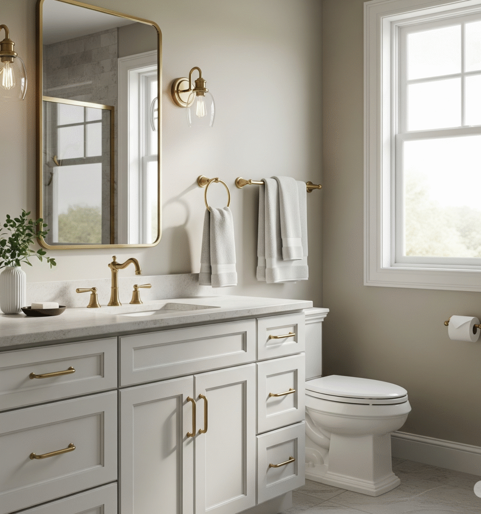 Bathroom showing coordinated brass finish throughout - Space Ideas World small bathroom remodel