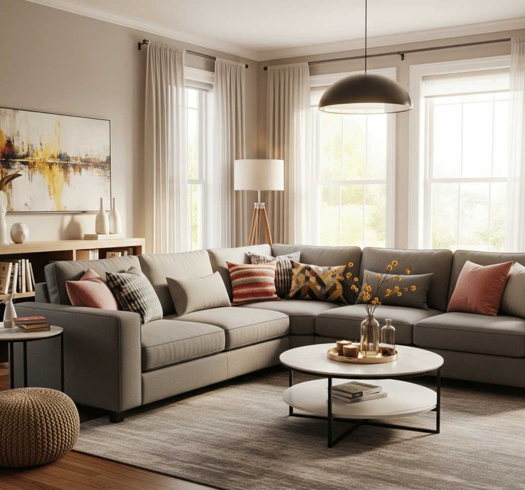 Family living room with large gray L-shaped sectional round coffee table - Space Ideas World living room decor ideas