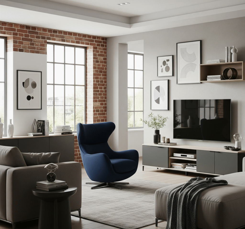 Contemporary living room with navy swivel chair - Space Ideas World living room decor ideas