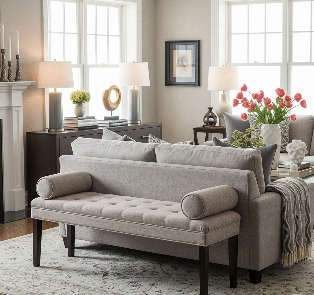 Living room with upholstered bench behind sectional sofa - Space Ideas World living room decor ideas