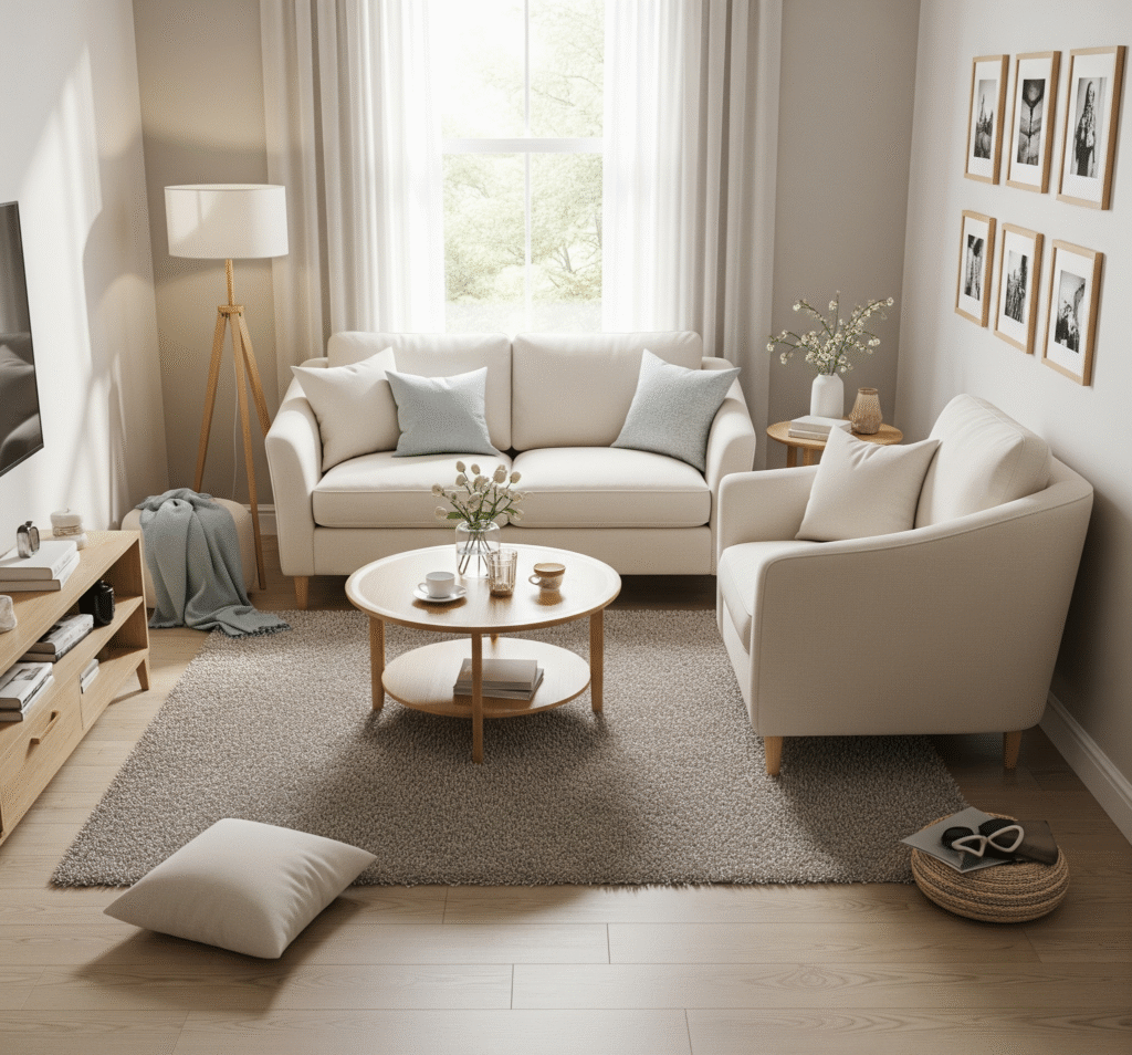 Small living room with cream loveseat and matching armchair arranged around round coffee table - Space Ideas World living room decor ideas