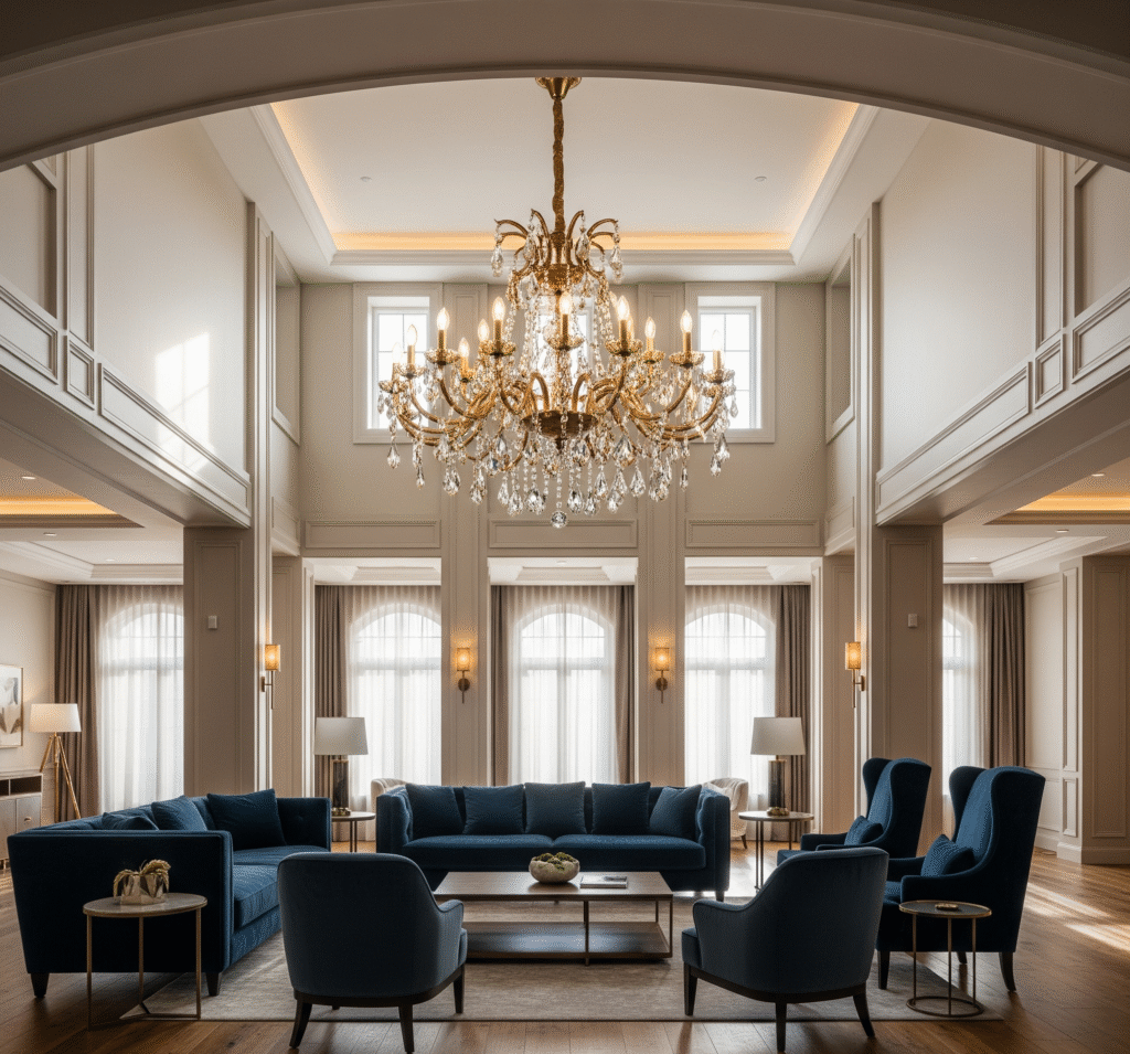 Living room with dramatic brass and crystal chandelier - Space Ideas World living room decor ideas