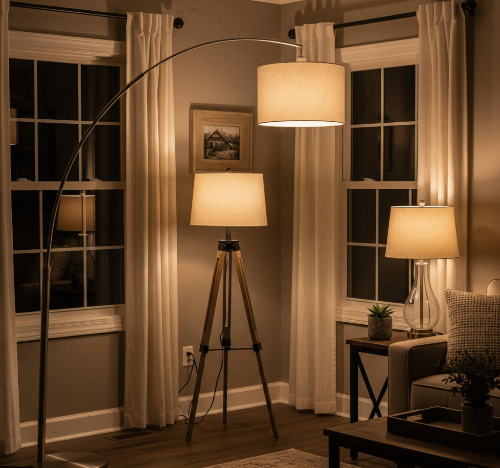 Living room corner with three different floor lamps - Space Ideas World living room decor ideas