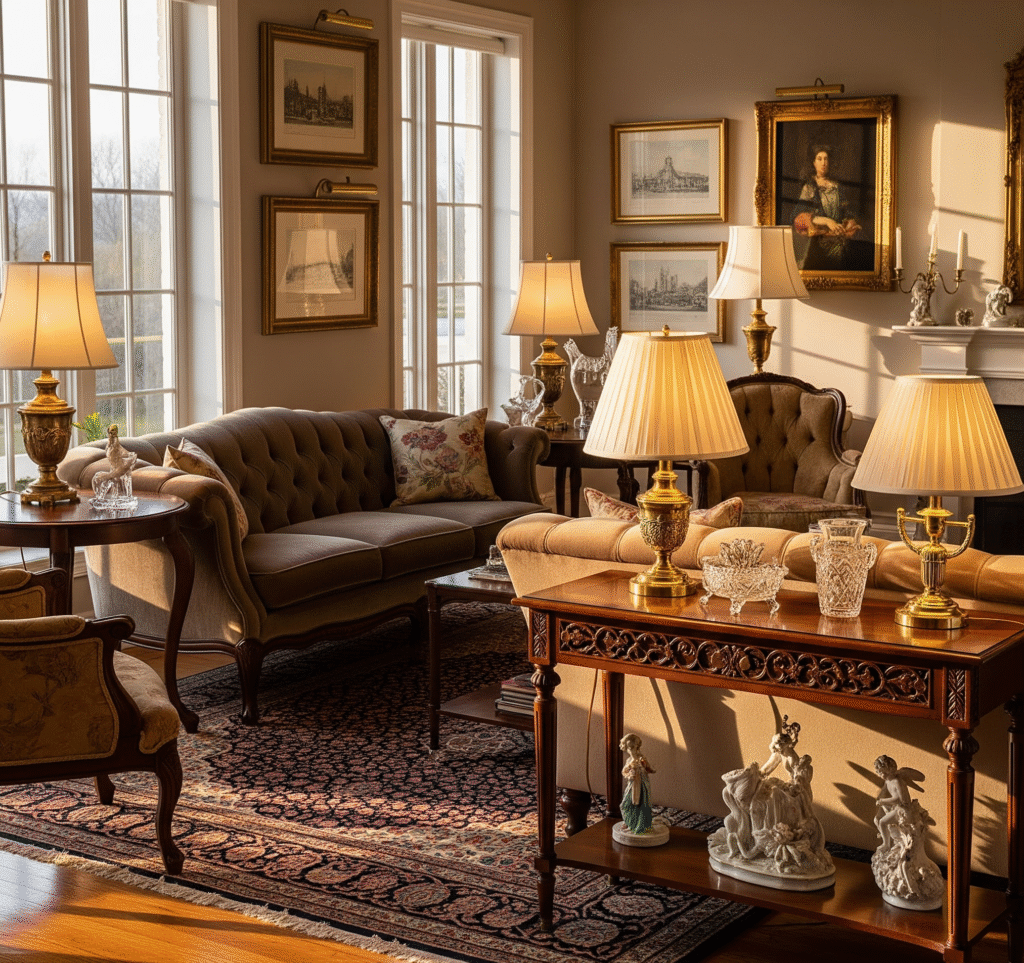 Traditional living room with collection of vintage brass table - Space Ideas World living room decor ideas