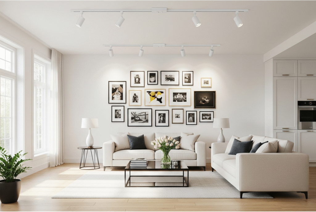 Modern living room with white track lighting system highlighting gallery wal - Space Ideas World living room decor ideas