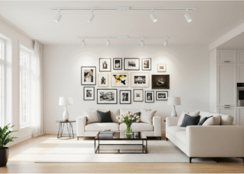 Modern living room with white track lighting system highlighting gallery wal - Space Ideas World living room decor ideas