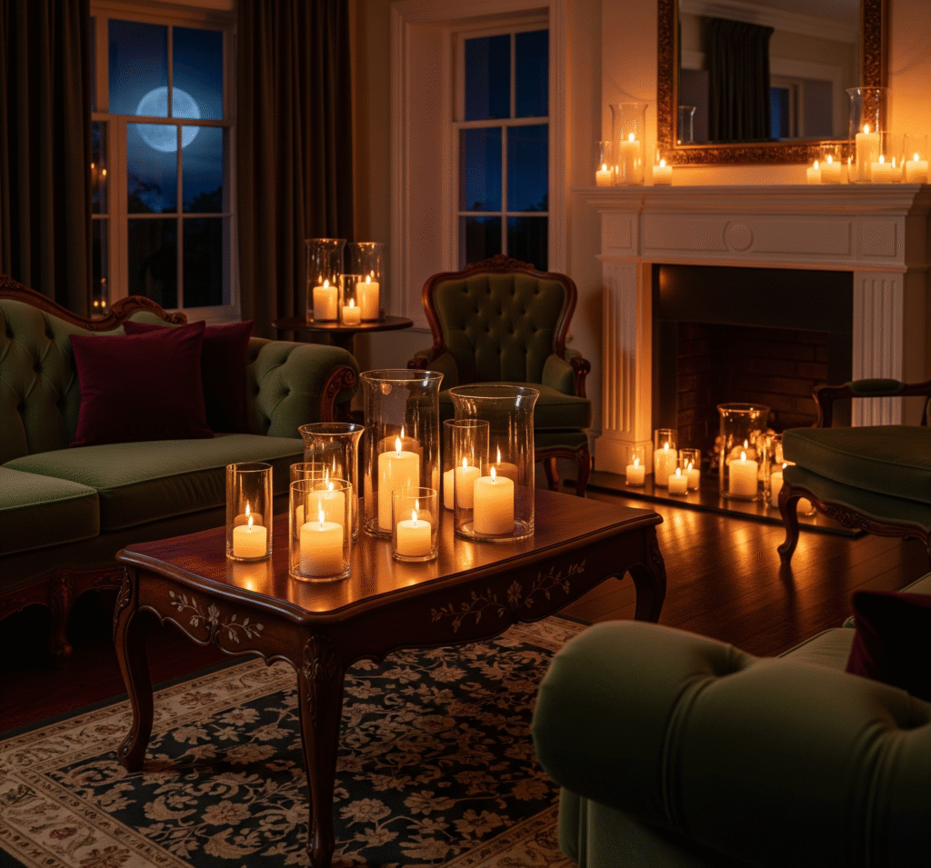 Romantic living room with multiple pillar candles in glass - Space Ideas World living room decor ideas