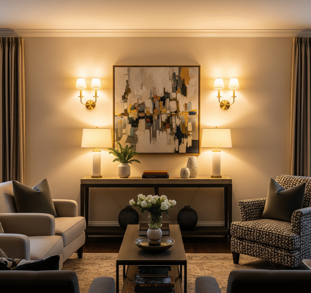 Living room with brass wall sconces flanking artwork - Space Ideas World living room decor ideas