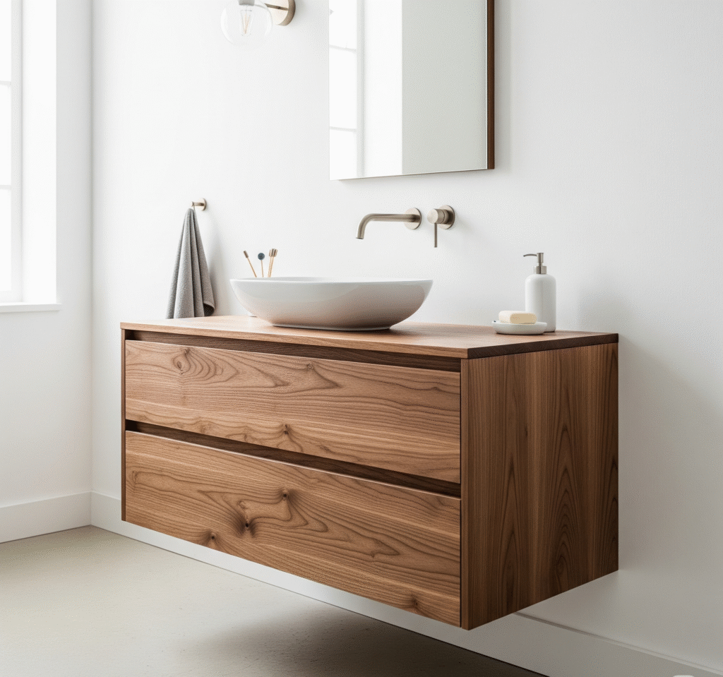 Contemporary floating vanity in warm walnut wood - Space Ideas World small bathroom remodel