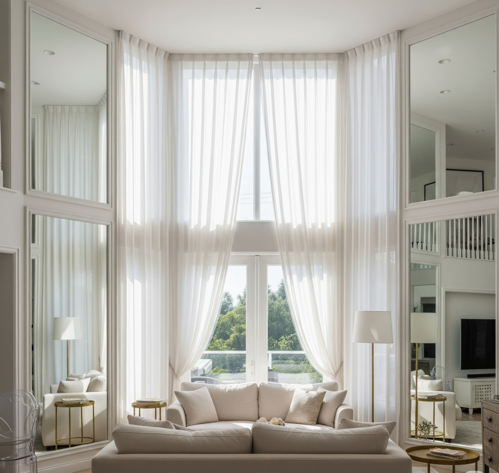Bright living room with large windows sheer curtains - Space Ideas World living room decor ideas