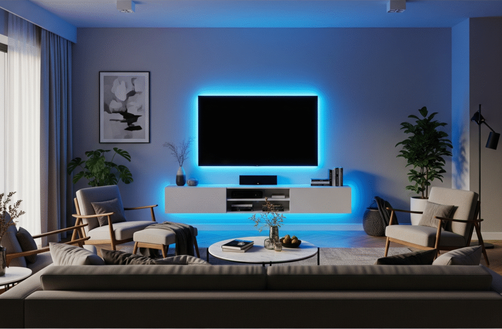 Contemporary living room with blue LED neon strip - Space Ideas World living room decor ideas