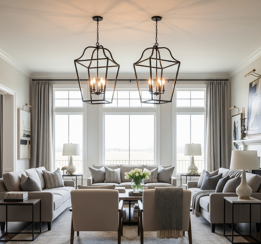 Transitional living room with large black lantern-style pendant lights - Space Ideas World living room decor ideas