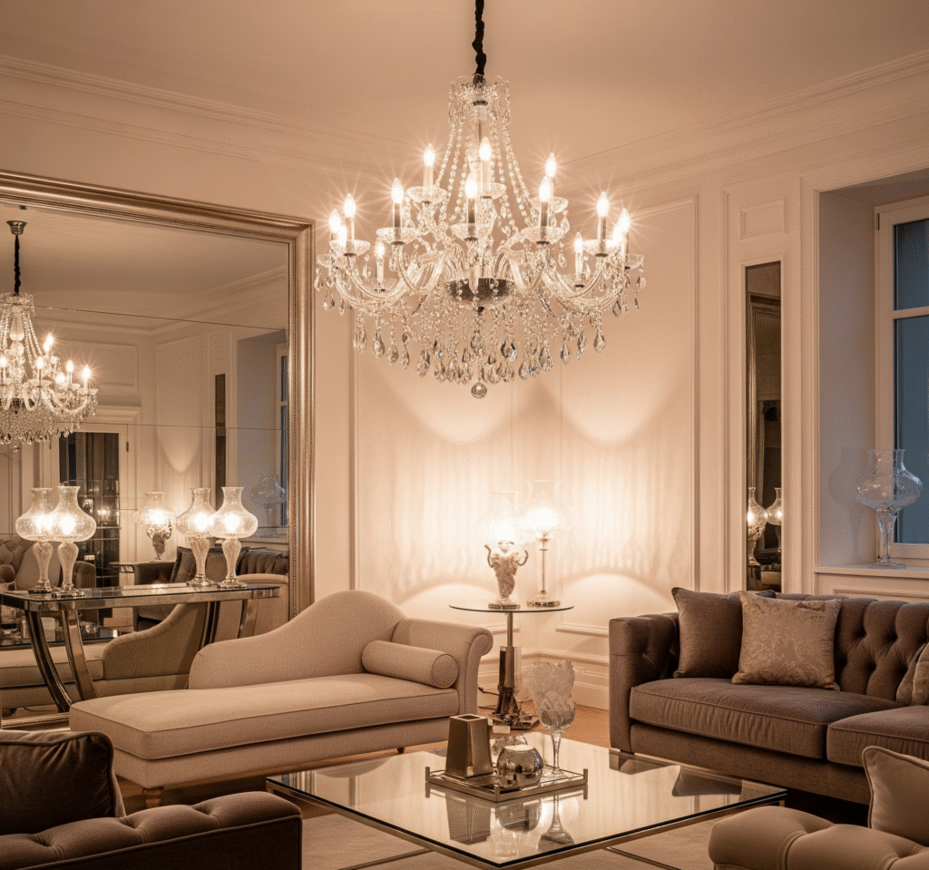 Elegant living room with crystal chandelier and glass table - Space Ideas World living room decor ideas