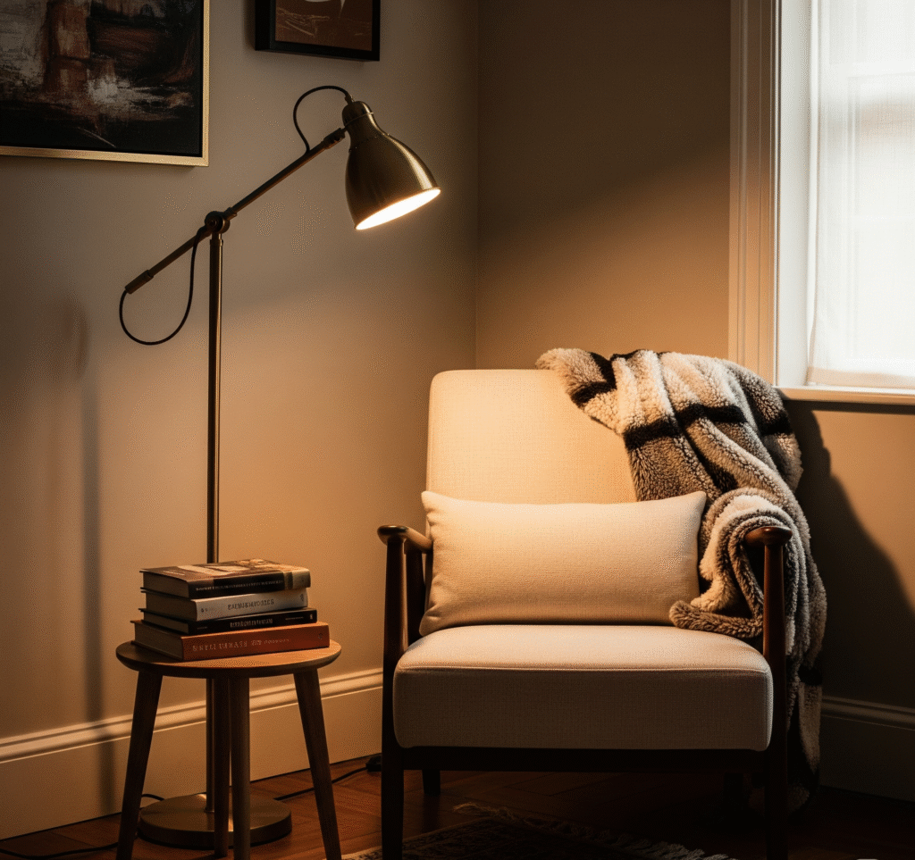 Cozy reading corner with adjustable brass floor lamp positioned next to comfortable armchair - Space Ideas World living room decor ideas