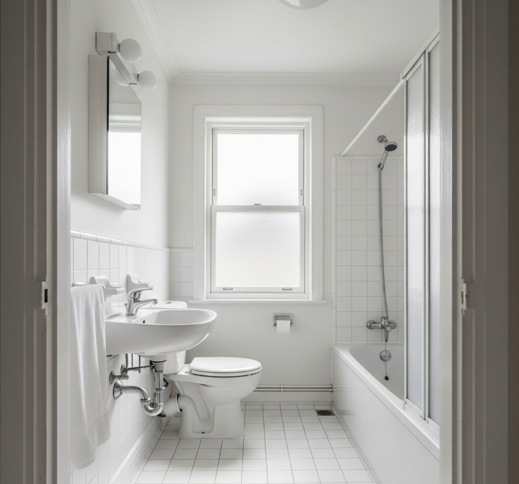 Small bathroom completely painted in crisp white from floor to ceiling - Space Ideas World small bathroom remodel