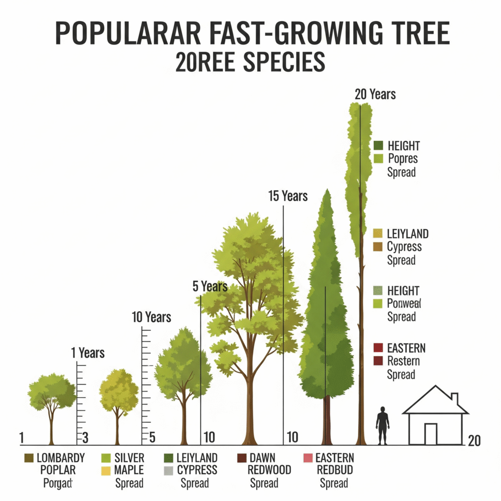 Tree Growth Timeline Visualization A compelling infographic showing side-by-side growth - Space Ideas World fast growing trees